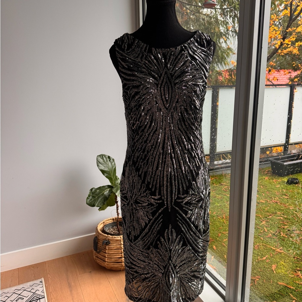 MARINA Black and Silver Sequin Midi Dress